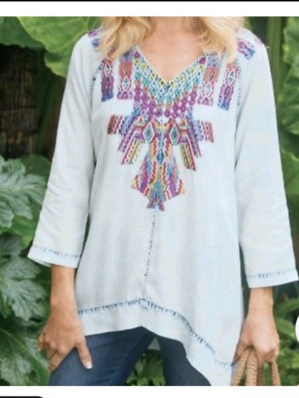 Soft Surroundings Mixteca  Embroidered Tunic Top, L, GUC, Chambray, Tencel